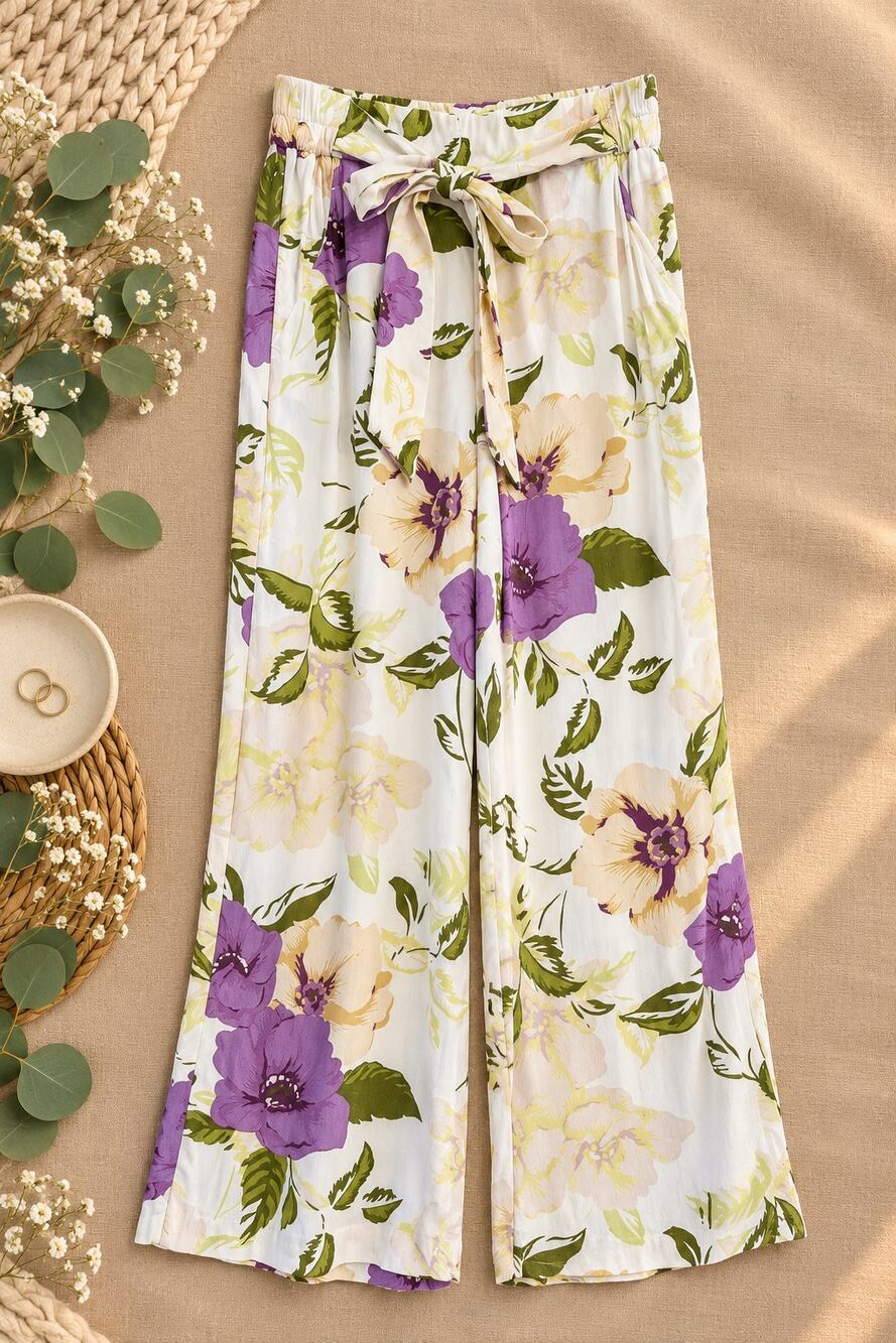 Wilfred Aritzia Floral Crepe Wide Leg Tie Waist Pants Ivory Purple Botanical XS